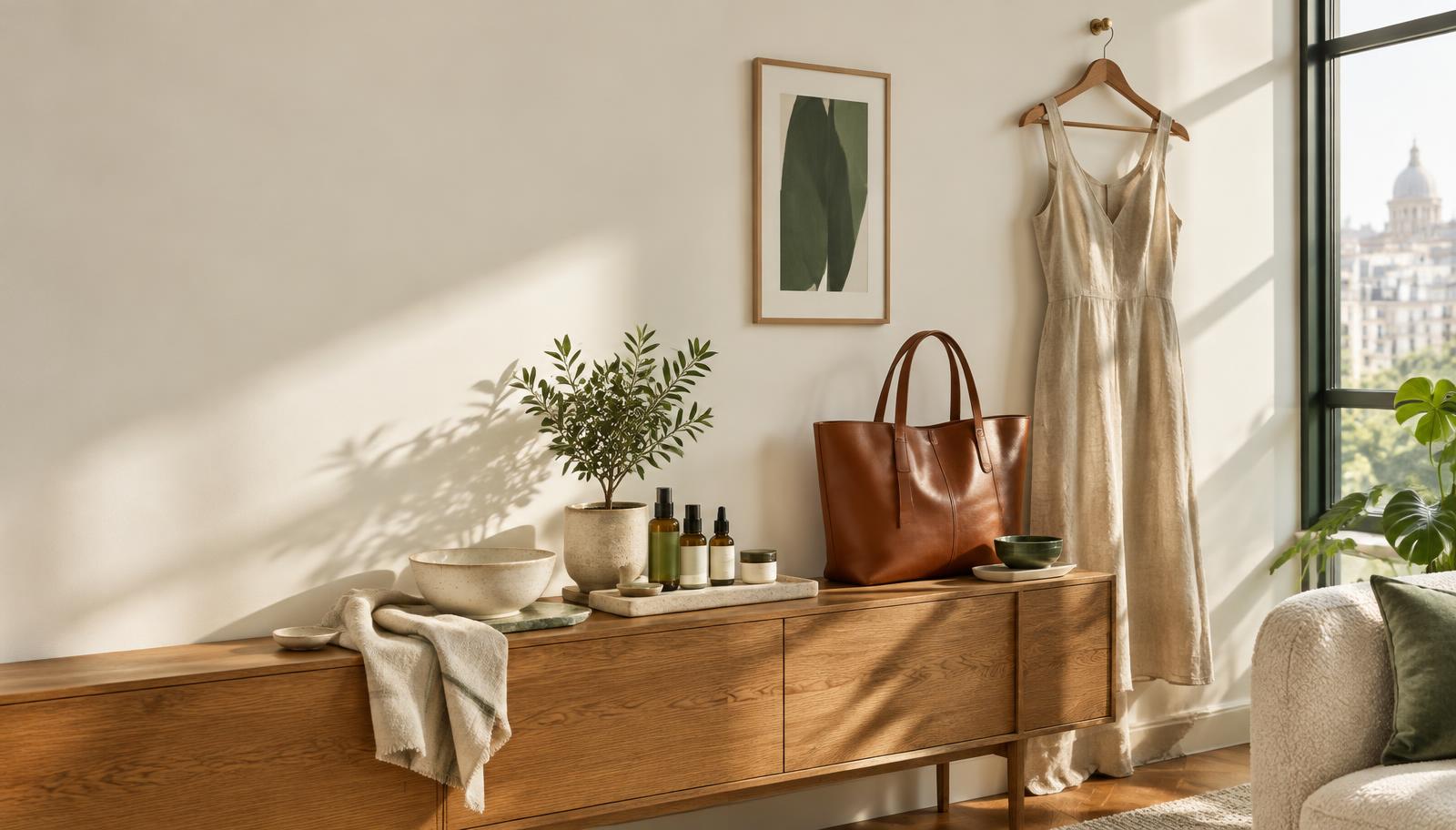 Linen dress, leather tote and skincare in a sunlit room