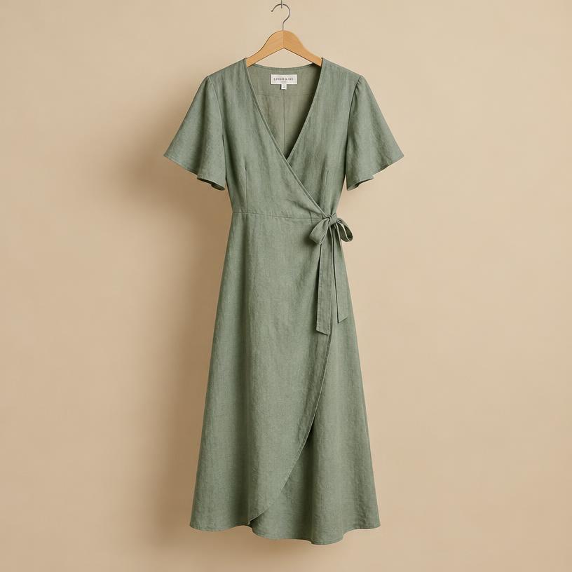 Sage Linen Wrap Dress